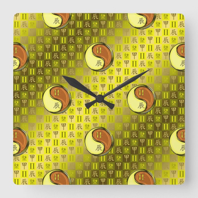 Reloj Cuadrado Géminis y Dragón de Madera (Anverso)