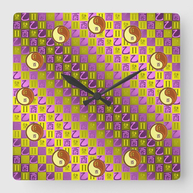 Reloj Cuadrado Géminis y Gallo de Madera (Anverso)