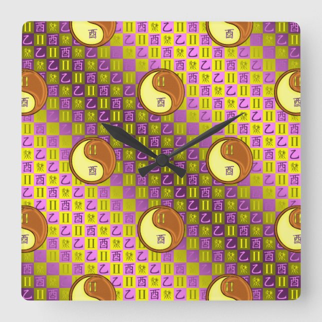 Reloj Cuadrado Géminis y Gallo de Madera (Anverso)