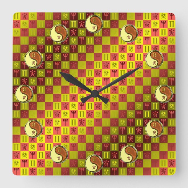 Reloj Cuadrado Géminis y Tigre de Madera (Anverso)