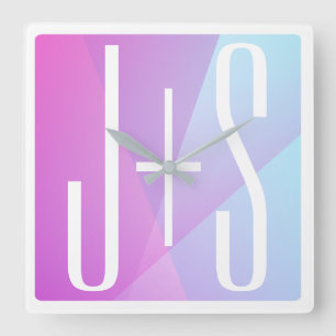 Reloj Cuadrado Genial Geométrico Rosa y Morado Iniciales de Par