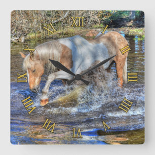 Reloj Cuadrado Gentil Palomino Pinto Stallion jugando en estanque