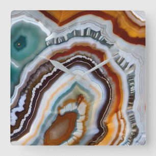 Reloj Cuadrado Geoda de ágata terracota naranja blanca negra azul