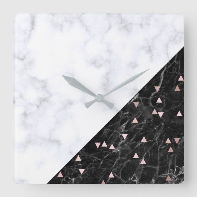 Reloj Cuadrado geométrico oro rosa de mármol blanco negro elegant (Anverso)