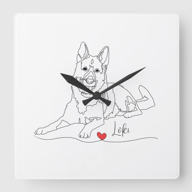 Reloj Cuadrado German Shepherd Pet Line Art with Name (Anverso)