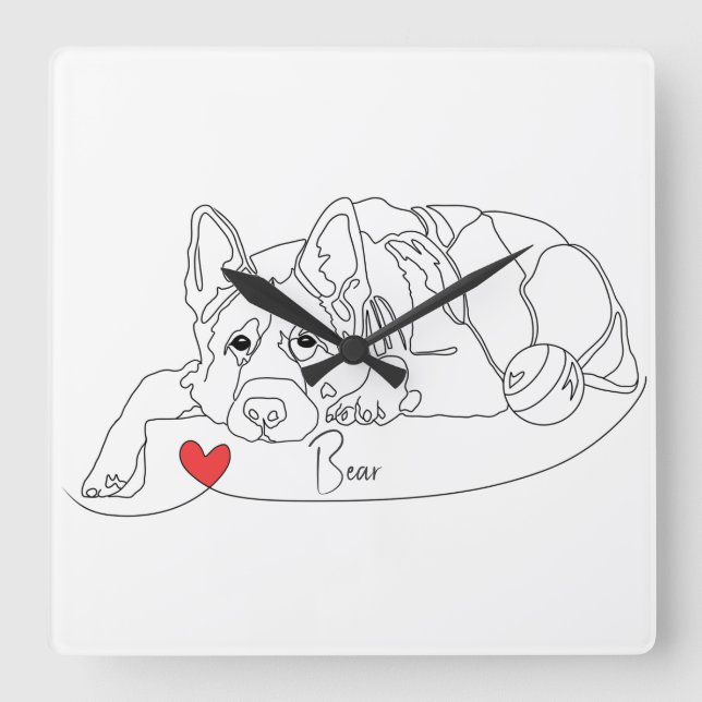 Reloj Cuadrado German Shepherd with Ball Line Art with Name (Anverso)