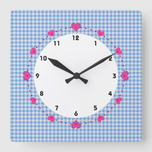 Reloj Cuadrado gingham check blue and white with hearts clock