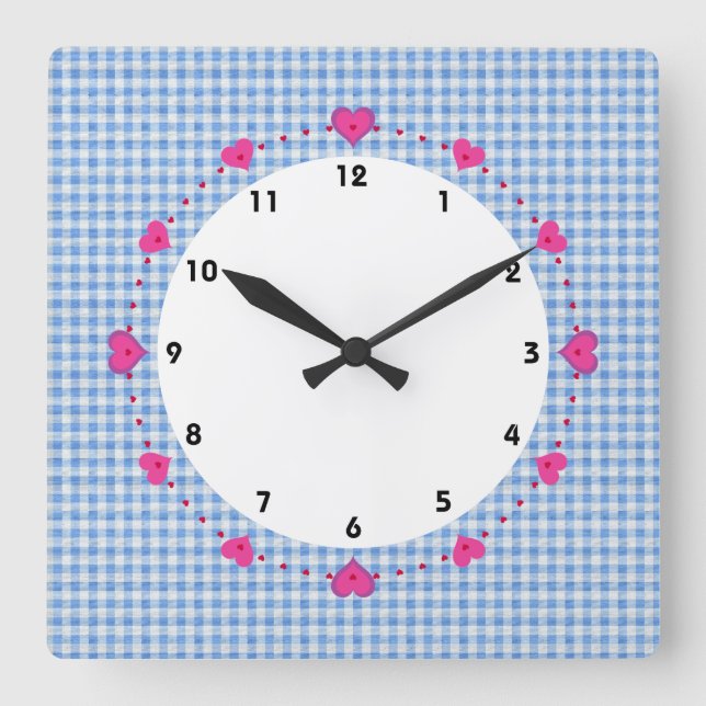 Reloj Cuadrado gingham check blue and white with hearts clock (Anverso)