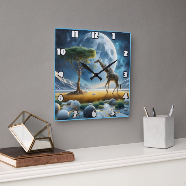 Reloj Cuadrado Girafa majestuosa deambulando bajo el cielo ilumin (Oficina)