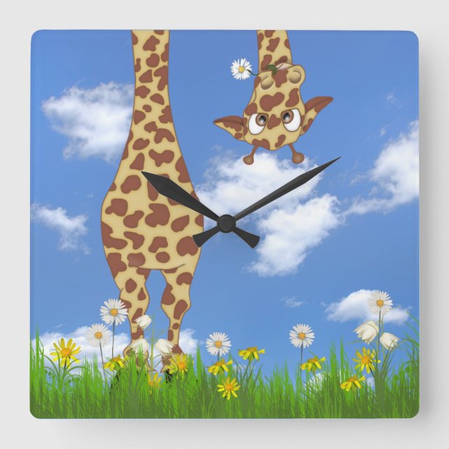 Reloj Cuadrado Giraffe con margarita en el cielo (Anverso)