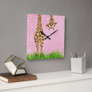 Reloj Cuadrado Giraffe con margarita en Pink Gingham