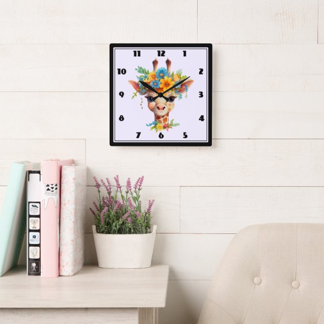 Reloj Cuadrado Giraffe cutánea con corona floral (Sala de lectura)