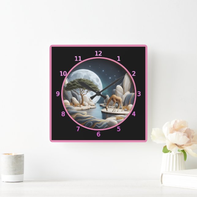 Reloj Cuadrado Giraffe en el agua de la luna en África (Hogar)
