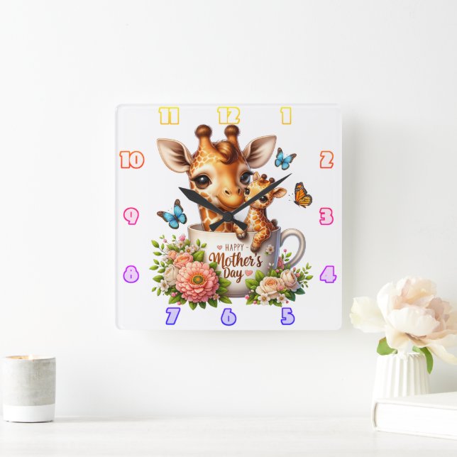Reloj Cuadrado Giraffe Mom: Calf, Flores, Día de la Madre (Hogar)