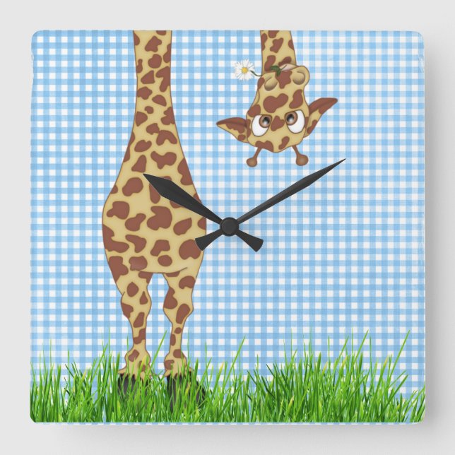 Reloj Cuadrado Giraffe y Daisy en Blue Gingham (Anverso)