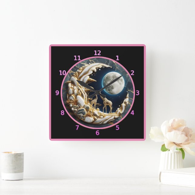 Reloj Cuadrado Giraffes contemplando la majestuosa luz de la luna (Hogar)