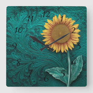 Reloj Cuadrado Girasol amarillo con herramientas de cuero verde a