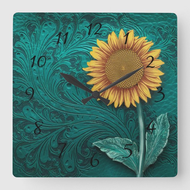 Reloj Cuadrado Girasol amarillo con herramientas de cuero verde a (Anverso)