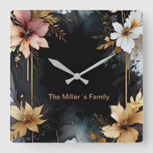 Reloj Cuadrado girasol de mármol floral de lujo dorado negro
