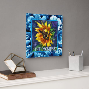 Reloj Cuadrado Girasol en Flor Floral Personalizada Nocturna