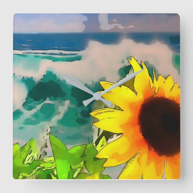 Reloj Cuadrado Girasol en la playa (Anverso)