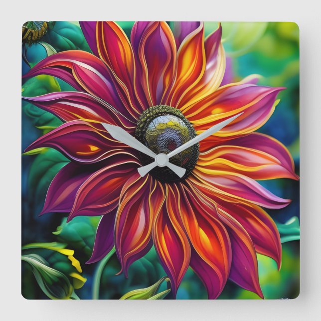 Reloj Cuadrado Girasol filigre rojo y dorado (Anverso)