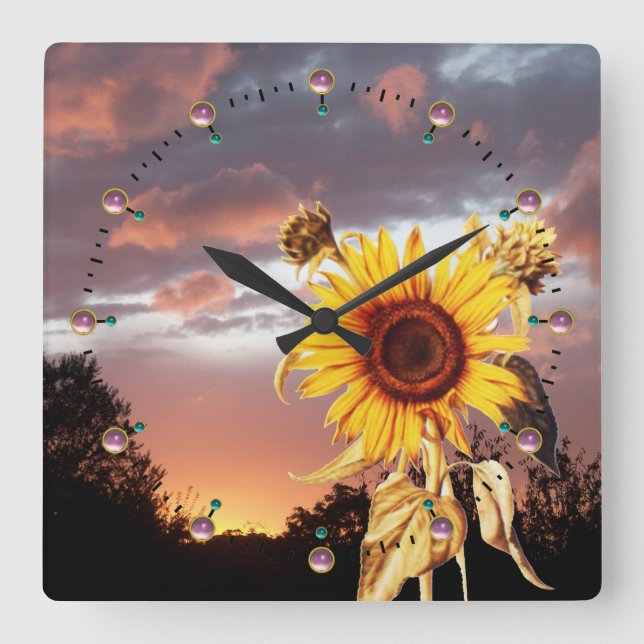 RELOJ CUADRADO GIRASOL Y PUESTA DE SOL VERANIEGA ROSADA CON NUBES (Anverso)