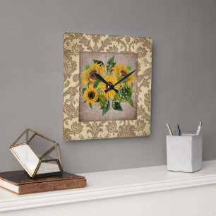 Reloj Cuadrado Girasoles Amarillos Rústicos Arpillera Damask Vint