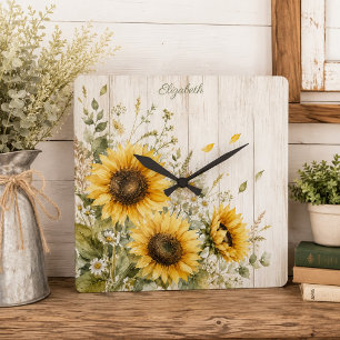 Reloj Cuadrado Girasoles Rústicos Aquarela Floral Casa de Campo