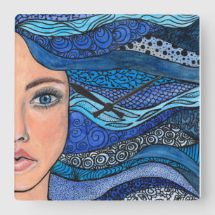 Reloj Cuadrado Girl with Blue Hair Acrylic Artistic Hand Paint