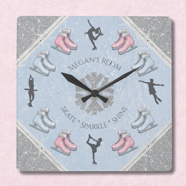 Reloj Cuadrado Girls Glitter Ice Rink Figure Skater Clock (Personalized bedroom decor for the young ice skater)