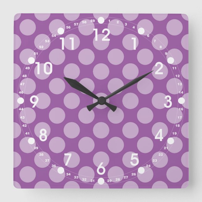 Reloj Cuadrado Girly Light Purple Polka Dots on Purple Cute Gifts (Anverso)