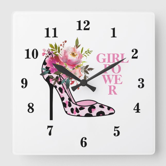 Reloj Cuadrado Girly Pink Floral and High Heels  (Anverso)