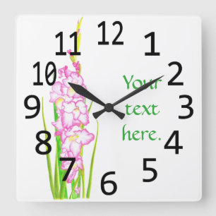 Reloj Cuadrado Gladiola blanca rosada florece tus bloques de text