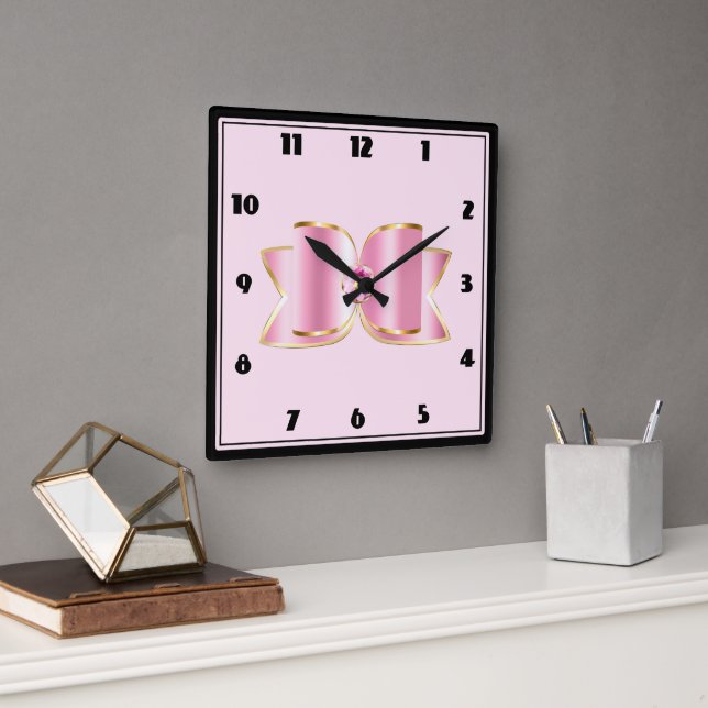 Reloj Cuadrado Glam Bow rosa con piedra angular (Oficina)