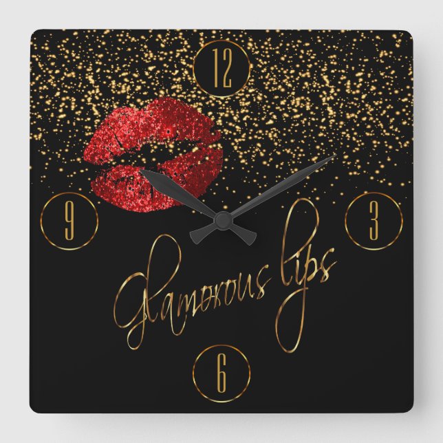 Reloj Cuadrado Glamorosos Labios Rojos y Confetti de Oro (Anverso)