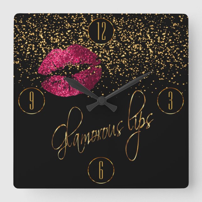 Reloj Cuadrado Glamorosos labios rosados calientes y pasteles de  (Anverso)