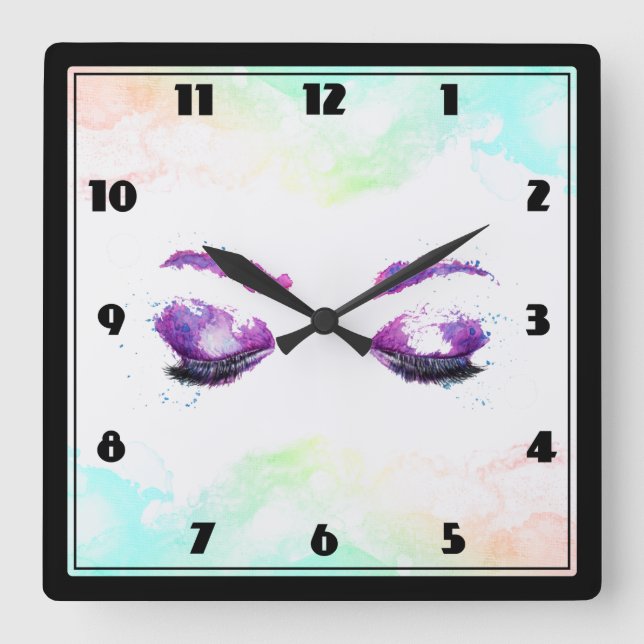 Reloj Cuadrado Glamorosos Ojos Púrpuros y Flores Acuarela (Anverso)