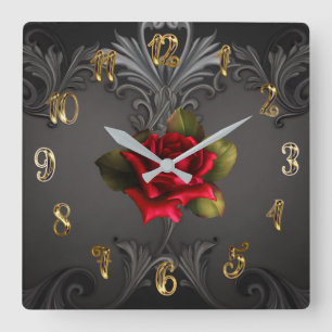 Reloj Cuadrado Glamour Gótico Rosa Roja Negra Ornamental Glam