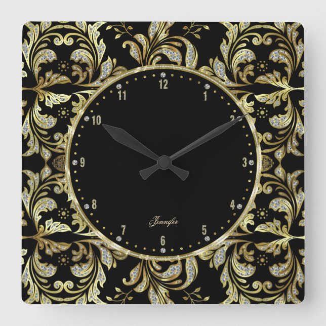 Reloj Cuadrado Glamours Negro, Oro y Brillo Blanco (Anverso)