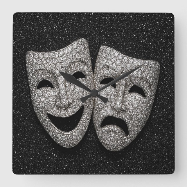Reloj Cuadrado Glittery Comedy & Tragedy Drama Mask (Anverso)