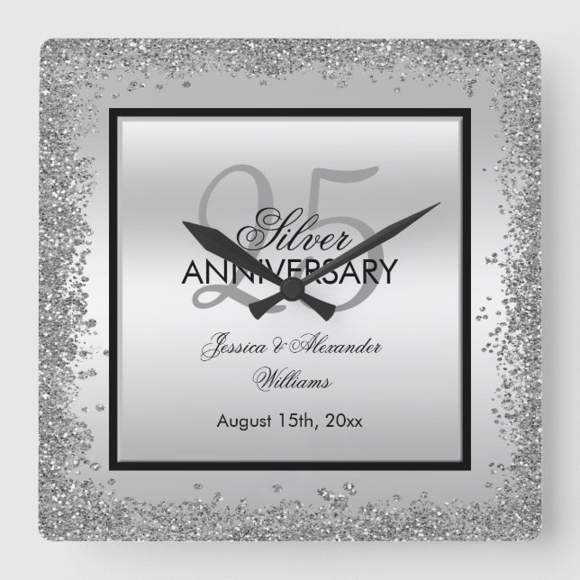 Reloj Cuadrado Glitzy Silver & Black 25th Wedding Anniversary (Anverso)