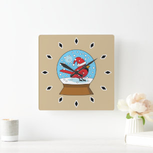 Reloj Cuadrado Globe de nieve con cardenal rojo curado