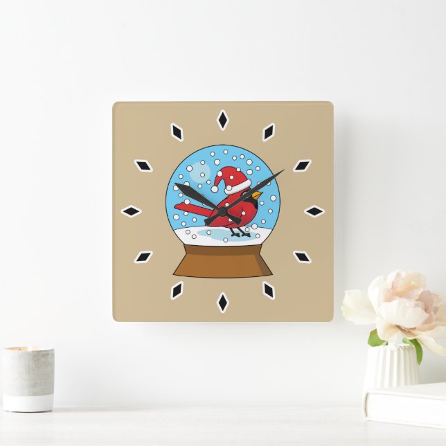 Reloj Cuadrado Globe de nieve con cardenal rojo curado (Hogar)