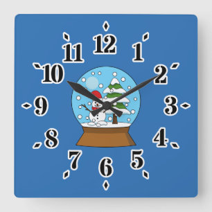 Reloj Cuadrado Globe de nieve con muñeco de nieve y árbol de pino