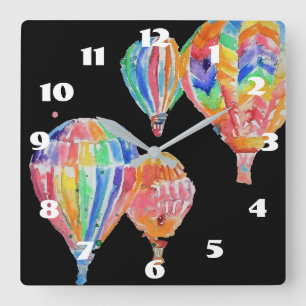 Reloj Cuadrado Globo aerostático acuarela negra guardería niños