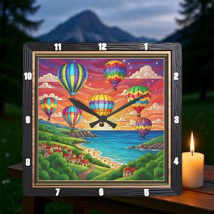 Reloj Cuadrado Globos Aerostáticos Coloridos Pueblo Costero
