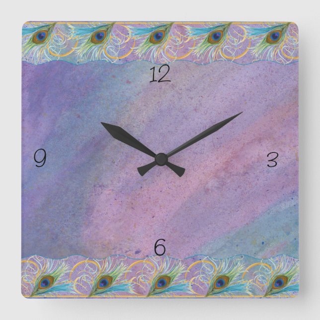 Reloj Cuadrado Gloria del pavo real de Watercoclor (Anverso)