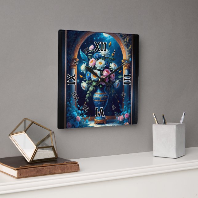 Reloj Cuadrado Glorioso Bouquet Floral Bajo Un Cielo De Luna (Oficina)