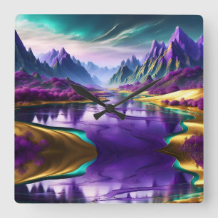 Reloj Cuadrado Glorioso paisaje morado y dorado